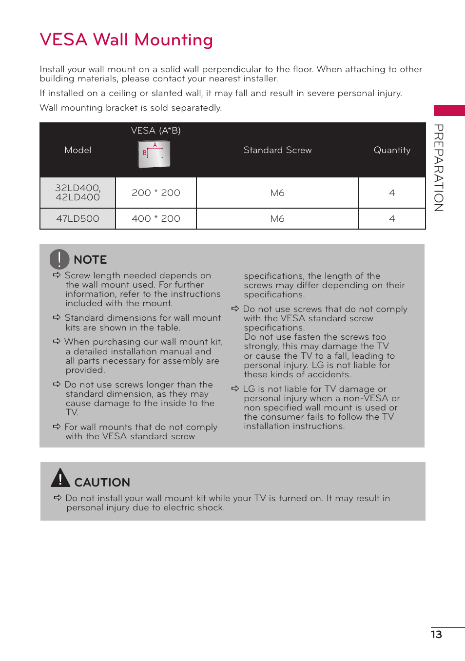 Vesa wall mounting, Prep ar a tion, Caution | LG 47LD500 User Manual | Page 13 / 64