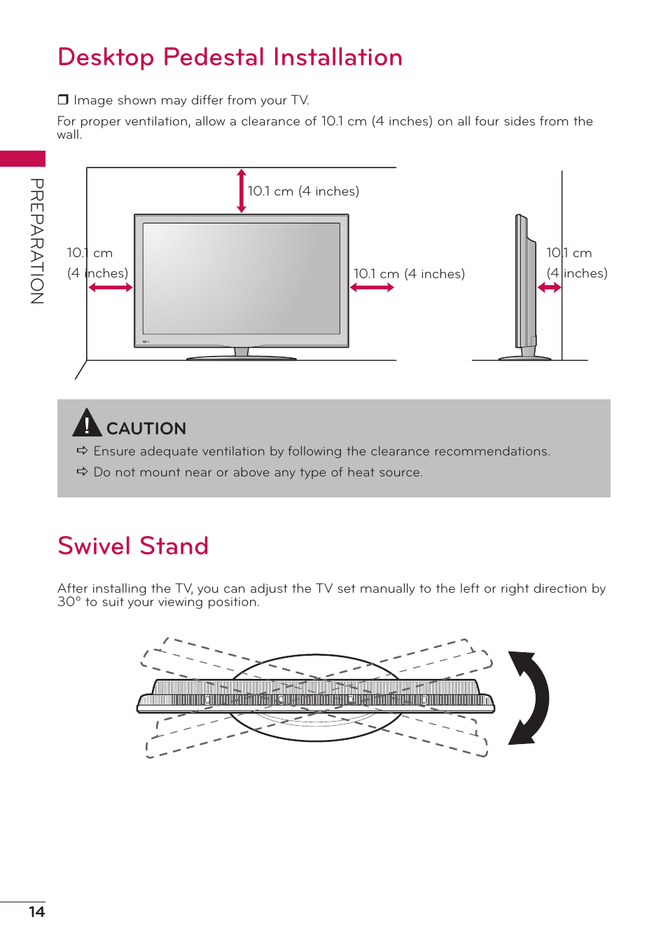 Desktop pedestal installation, Swivel stand, Desktop pedestal installation swivel stand | LG 47LD500 User Manual | Page 14 / 64