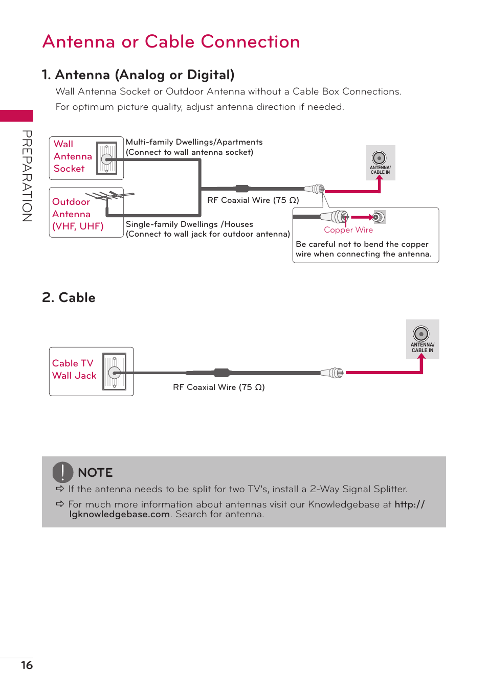 Antenna or cable connection, Antenna (analog or digital), Cable | Prep ar a tion | LG 47LD500 User Manual | Page 16 / 64