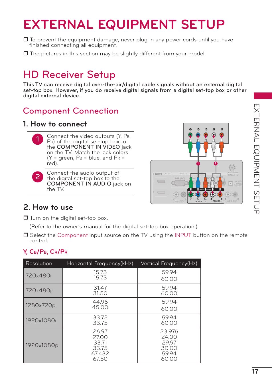 External equipment setup, Hd receiver setup, External equipment | Setup, Component connection, How to connect, How to use, External e quipment setup, Y, c, Connect the video outputs (y, p | LG 47LD500 User Manual | Page 17 / 64