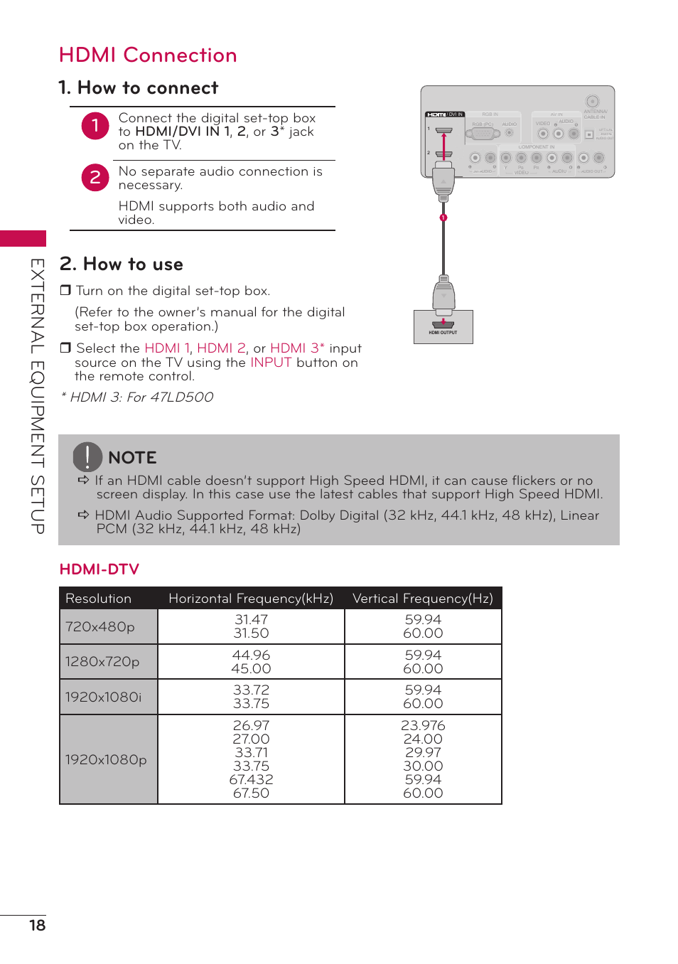 Hdmi connection, How to connect, How to use | External e quipment setup, Hdmi-dtv | LG 47LD500 User Manual | Page 18 / 64