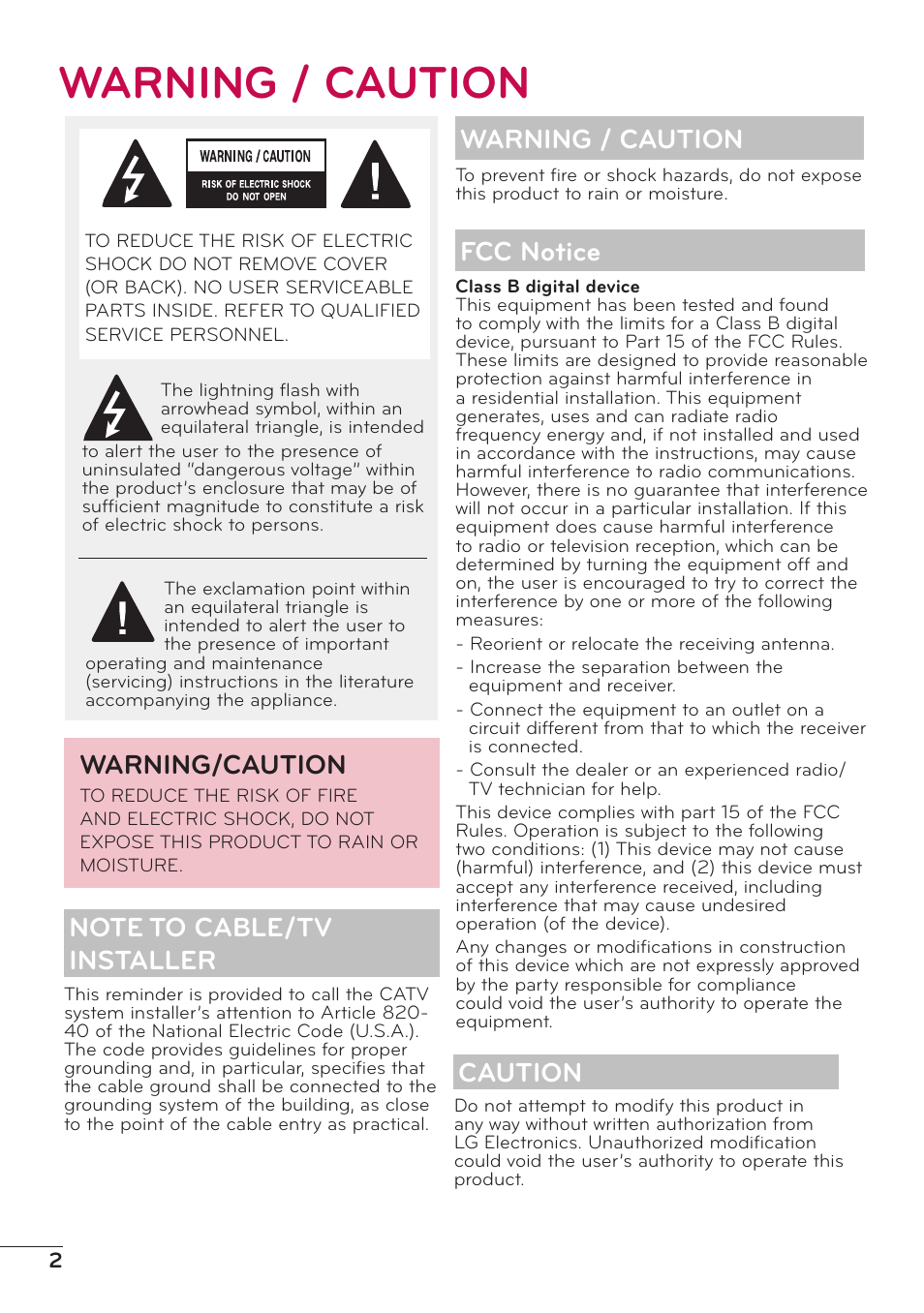 Warning / caution, Fcc notice, Caution | Warning/caution | LG 47LD500 User Manual | Page 2 / 64