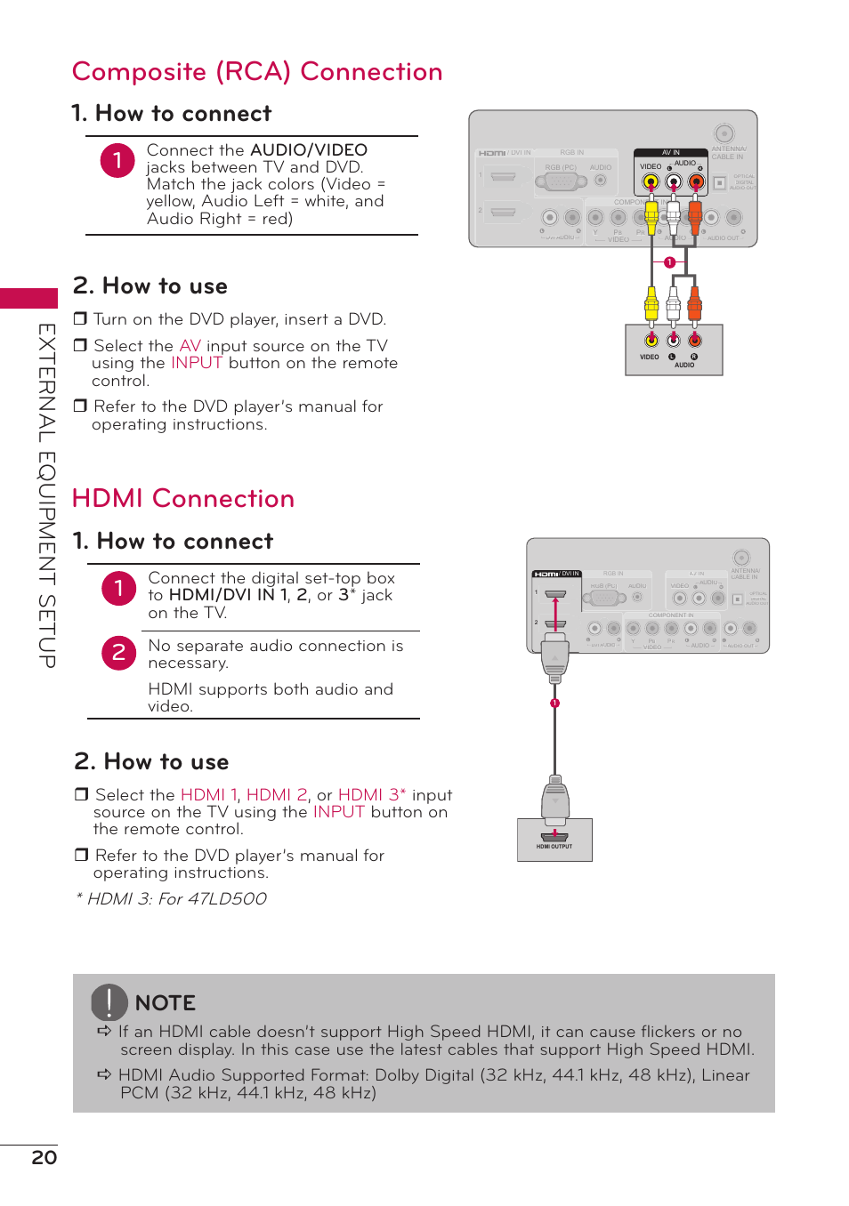 Composite (rca) connection, Hdmi connection, How to connect | How to use, External e quipment setup | LG 47LD500 User Manual | Page 20 / 64