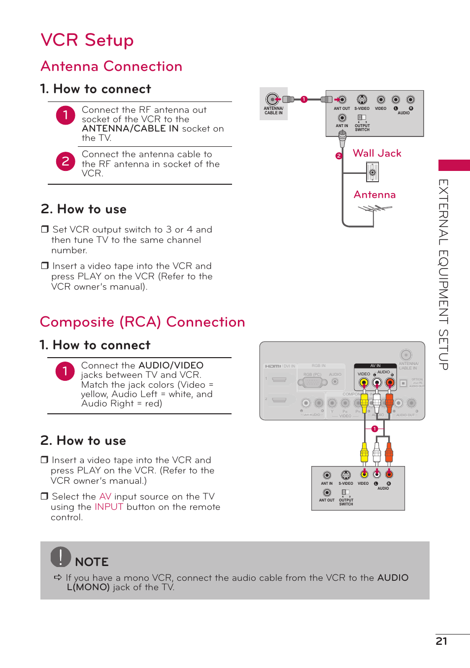 Vcr setup, Antenna connection, Composite (rca) connection | How to connect, How to use, External e quipment setup, Wall jack antenna | LG 47LD500 User Manual | Page 21 / 64