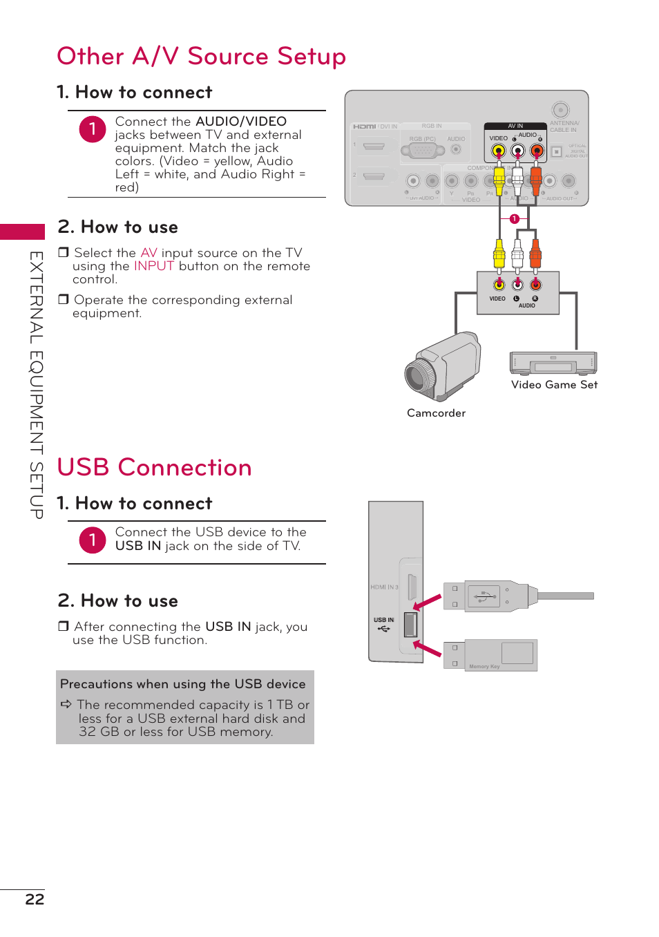 Other a/v source setup, Usb connection, Other a/v source setup usb connection | How to connect, How to use, External e quipment setup | LG 47LD500 User Manual | Page 22 / 64