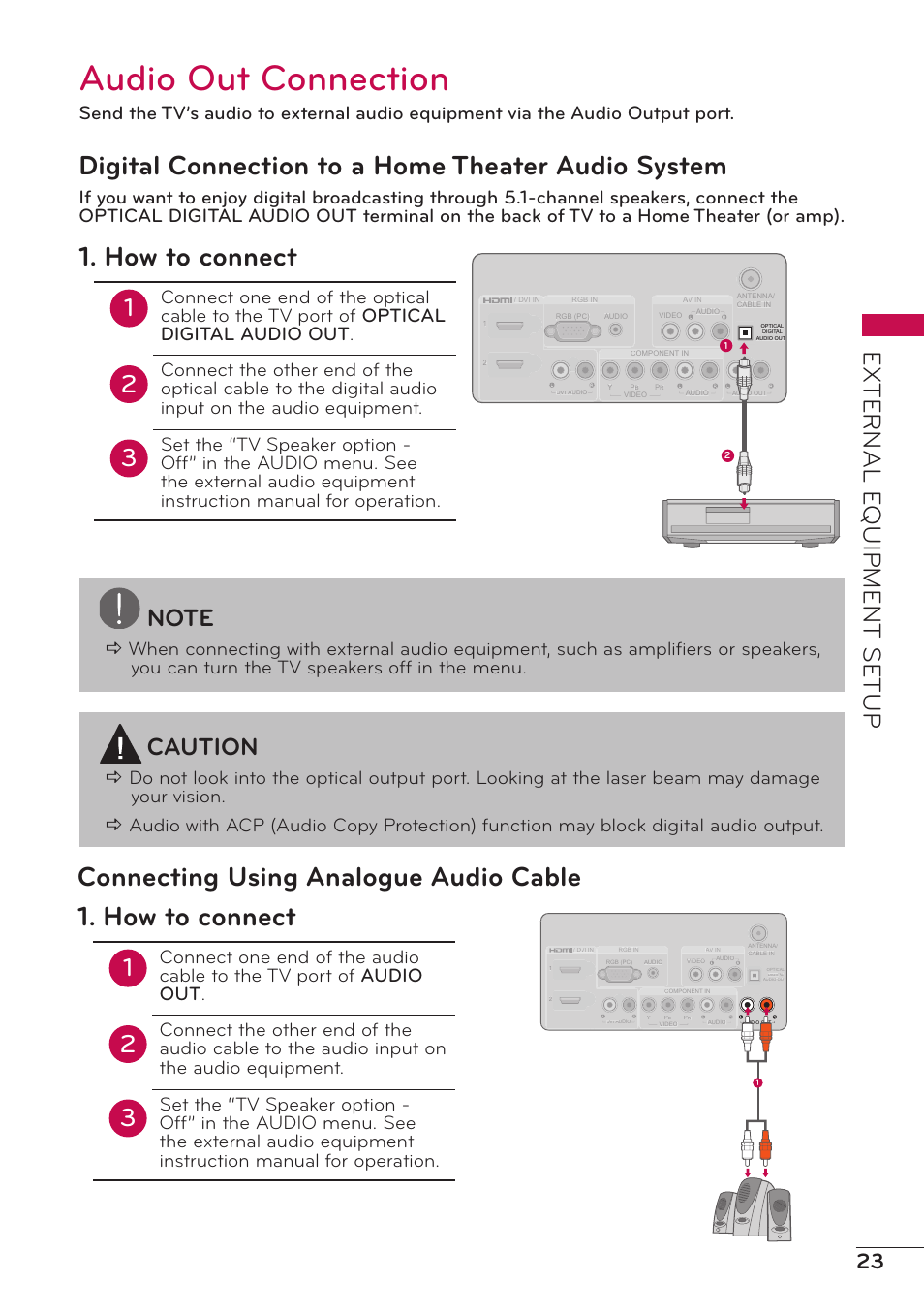Audio out connection, Digital connection to a home theater audio system, How to connect | Connecting using analogue audio cable, External e quipment setup, Caution | LG 47LD500 User Manual | Page 23 / 64