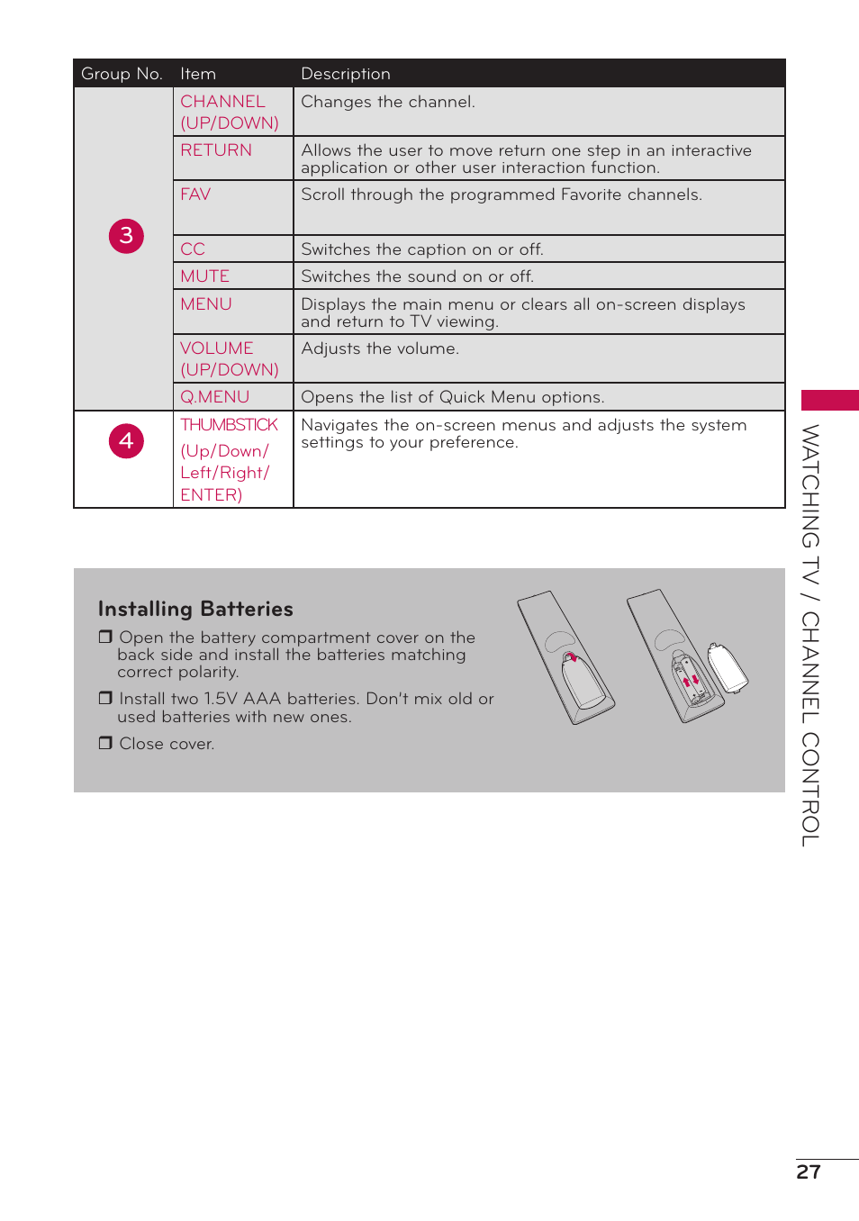 Wa tching t v / channel c ontr ol, Installing batteries | LG 47LD500 User Manual | Page 27 / 64