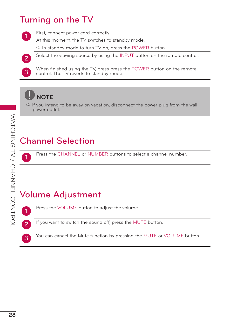 Turning on the tv, Channel selection, Volume adjustment | LG 47LD500 User Manual | Page 28 / 64