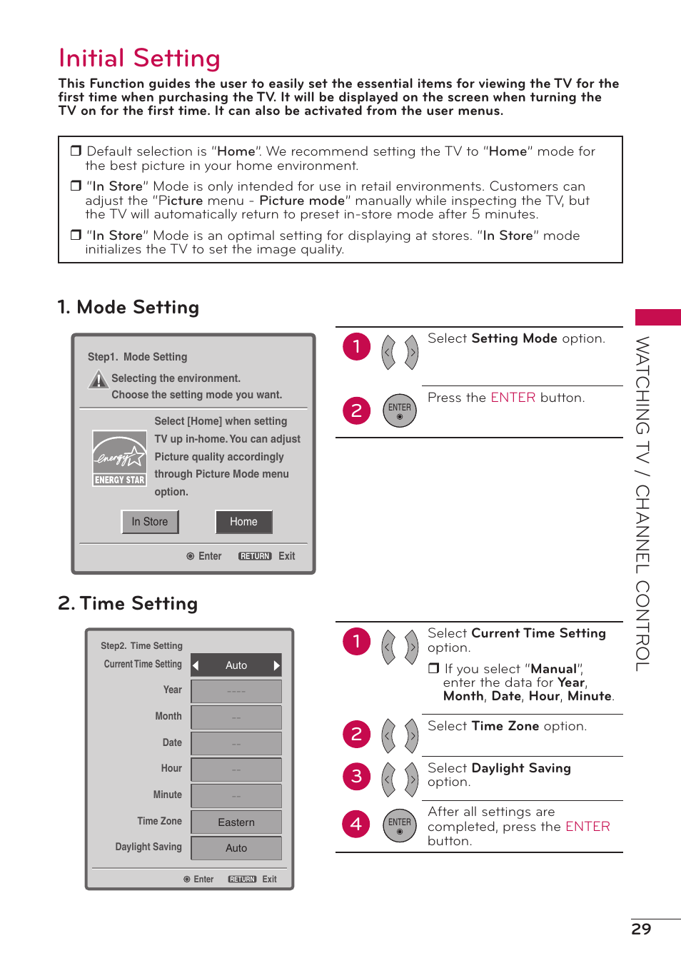 Initial setting, Time setting, Mode setting | Wa tching t v / channel c ontr ol | LG 47LD500 User Manual | Page 29 / 64