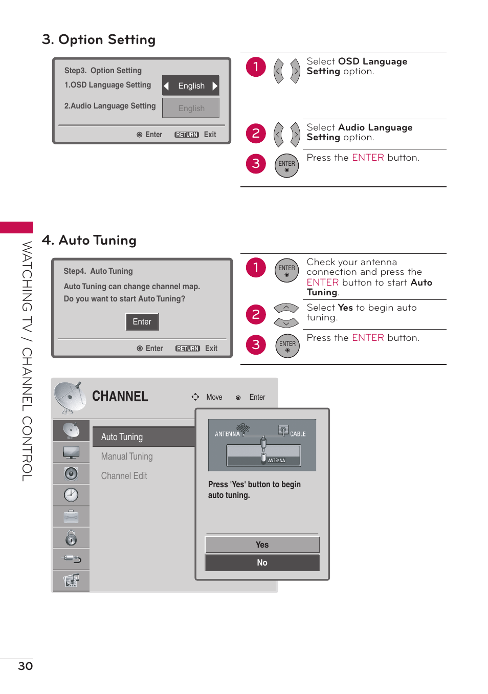 Option setting, Auto tuning, Channel | Wa tching t v / channel c ontr ol | LG 47LD500 User Manual | Page 30 / 64