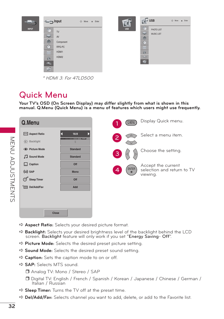 Quick menu, Menu adjus tment s, Q.menu | LG 47LD500 User Manual | Page 32 / 64