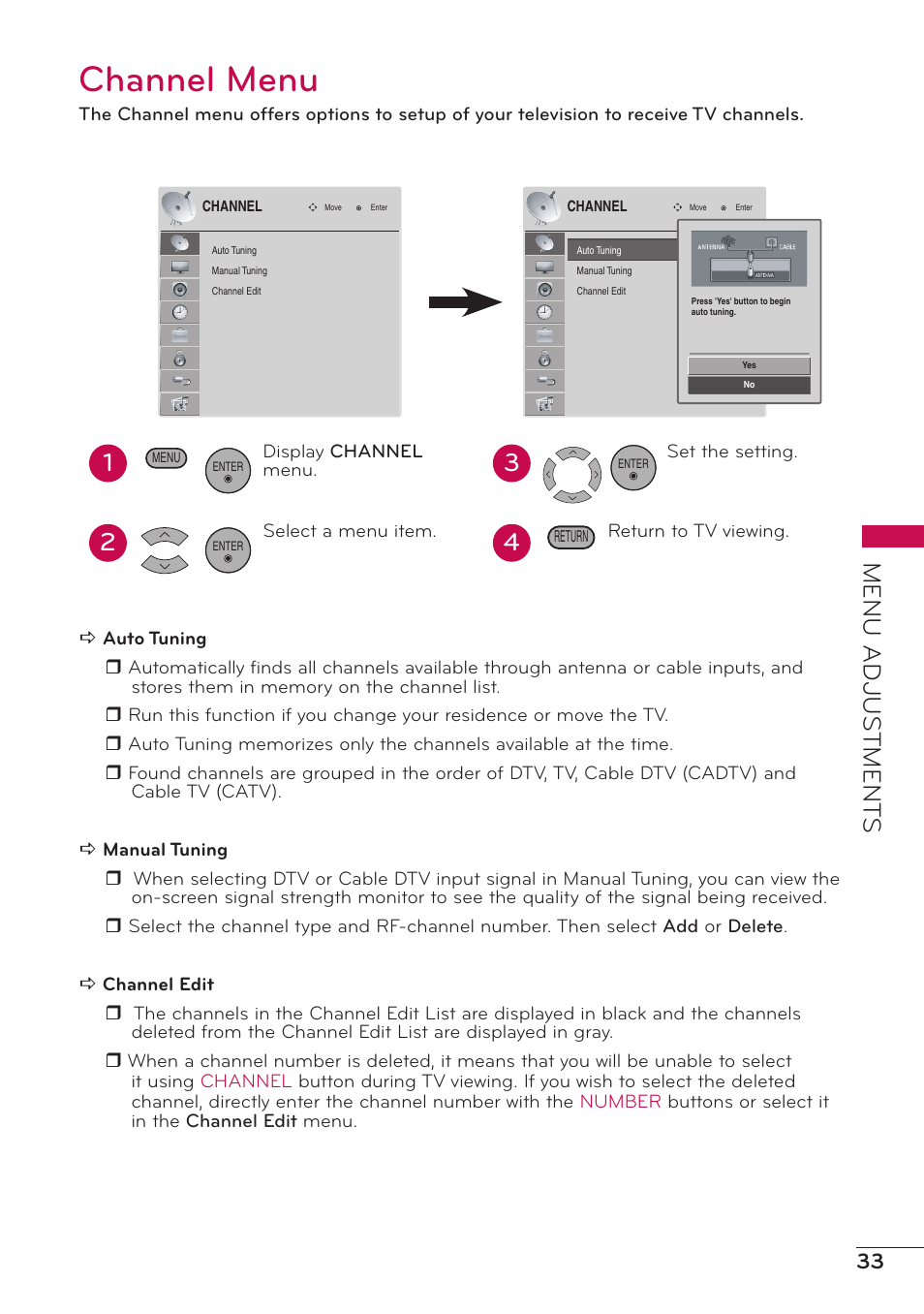 Channel menu, Menu adjus tment s | LG 47LD500 User Manual | Page 33 / 64