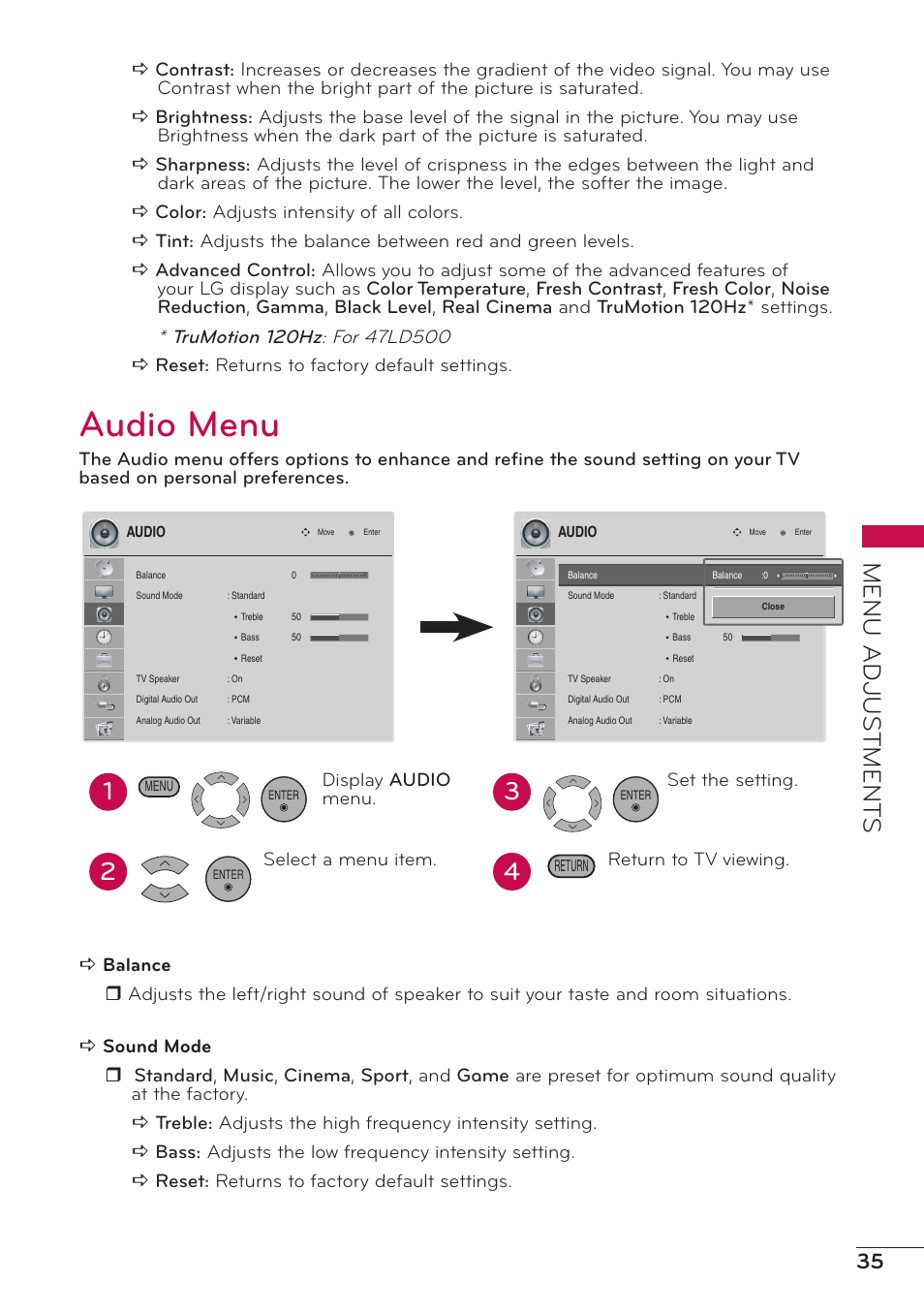 Audio menu, Menu adjus tment s, Display audio menu. select a menu item | Set the setting. return to tv viewing | LG 47LD500 User Manual | Page 35 / 64