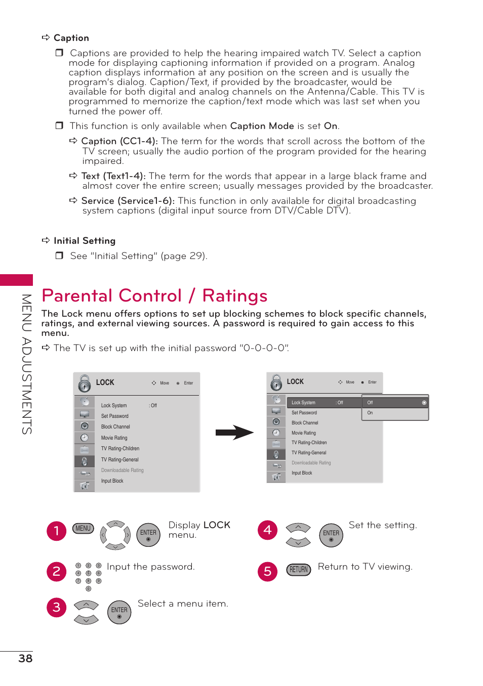 Parental control / ratings, Menu adjus tment s, Set the setting. return to tv viewing | LG 47LD500 User Manual | Page 38 / 64