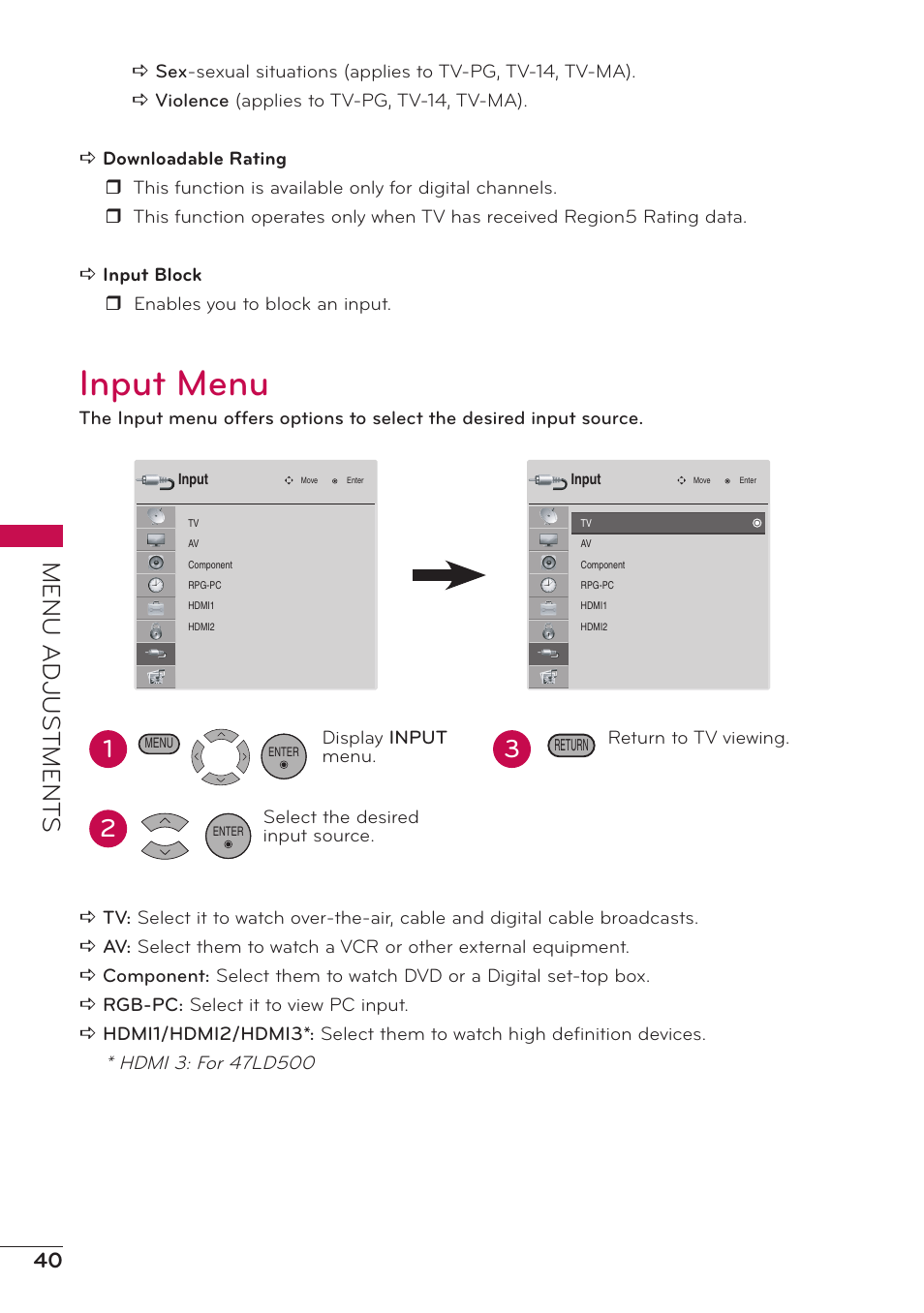 Input menu, Menu adjus tment s | LG 47LD500 User Manual | Page 40 / 64