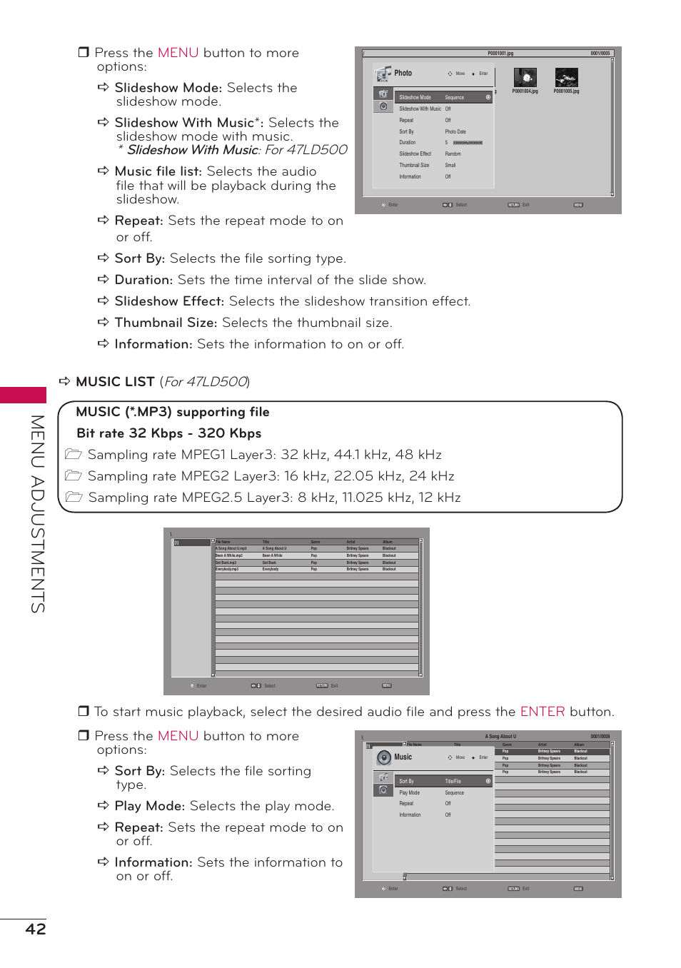 Menu adjus tment s | LG 47LD500 User Manual | Page 42 / 64