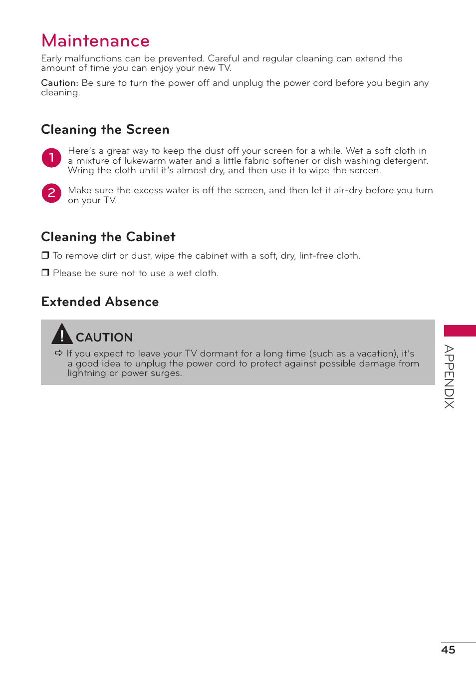 Maintenance, Cleaning the screen, Cleaning the cabinet | Extended absence | LG 47LD500 User Manual | Page 45 / 64