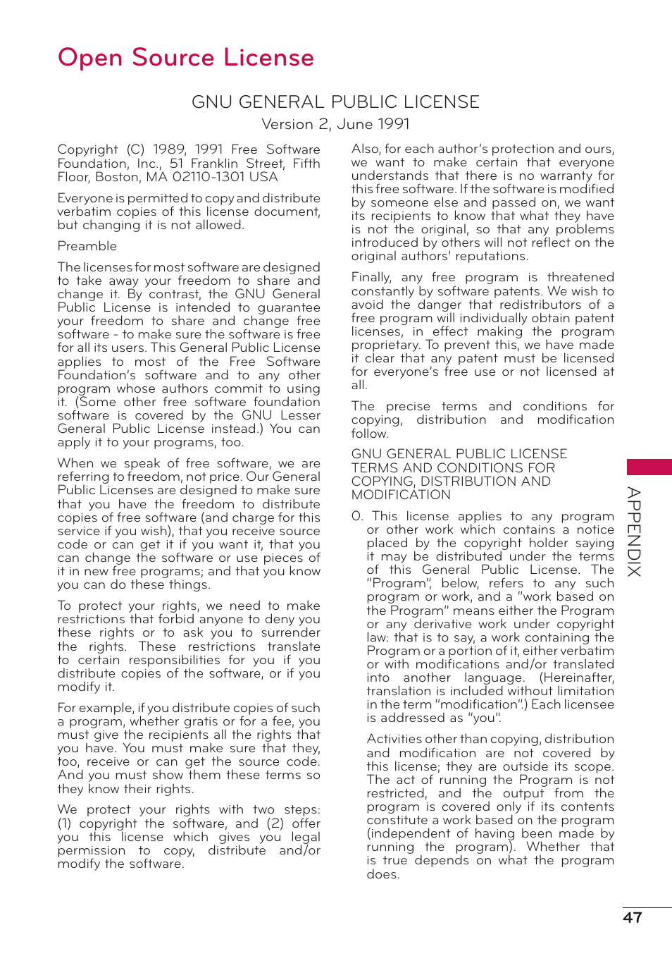 Open source licens, Open source license, Appendix | Gnu general public license | LG 47LD500 User Manual | Page 47 / 64