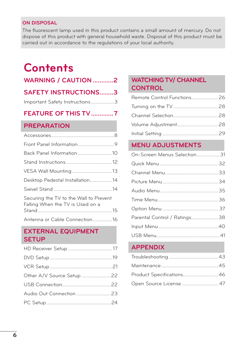 LG 47LD500 User Manual | Page 6 / 64