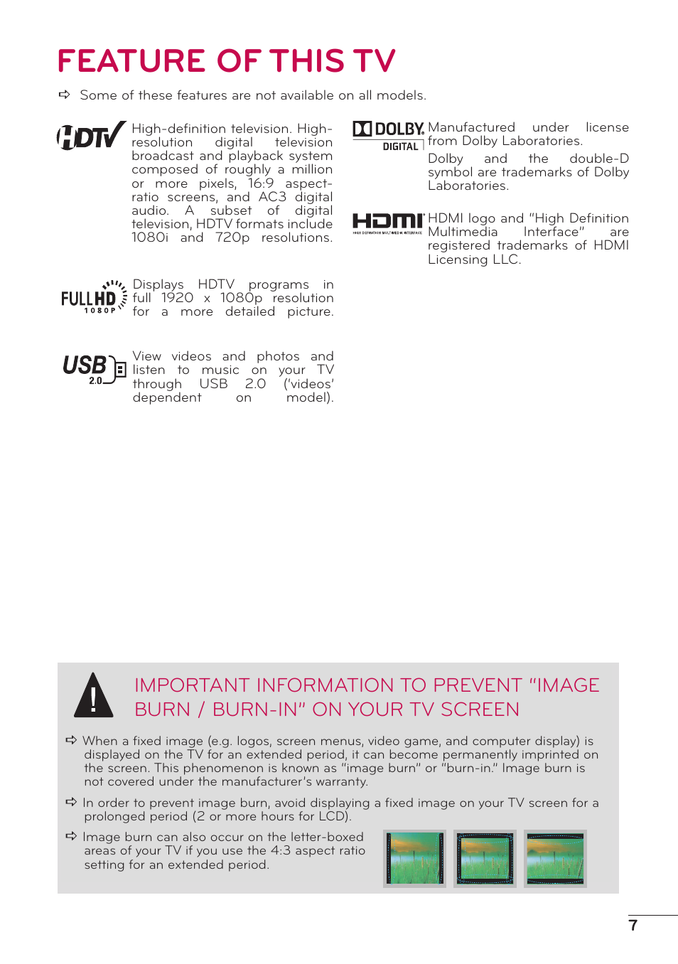 Feature of this tv | LG 47LD500 User Manual | Page 7 / 64