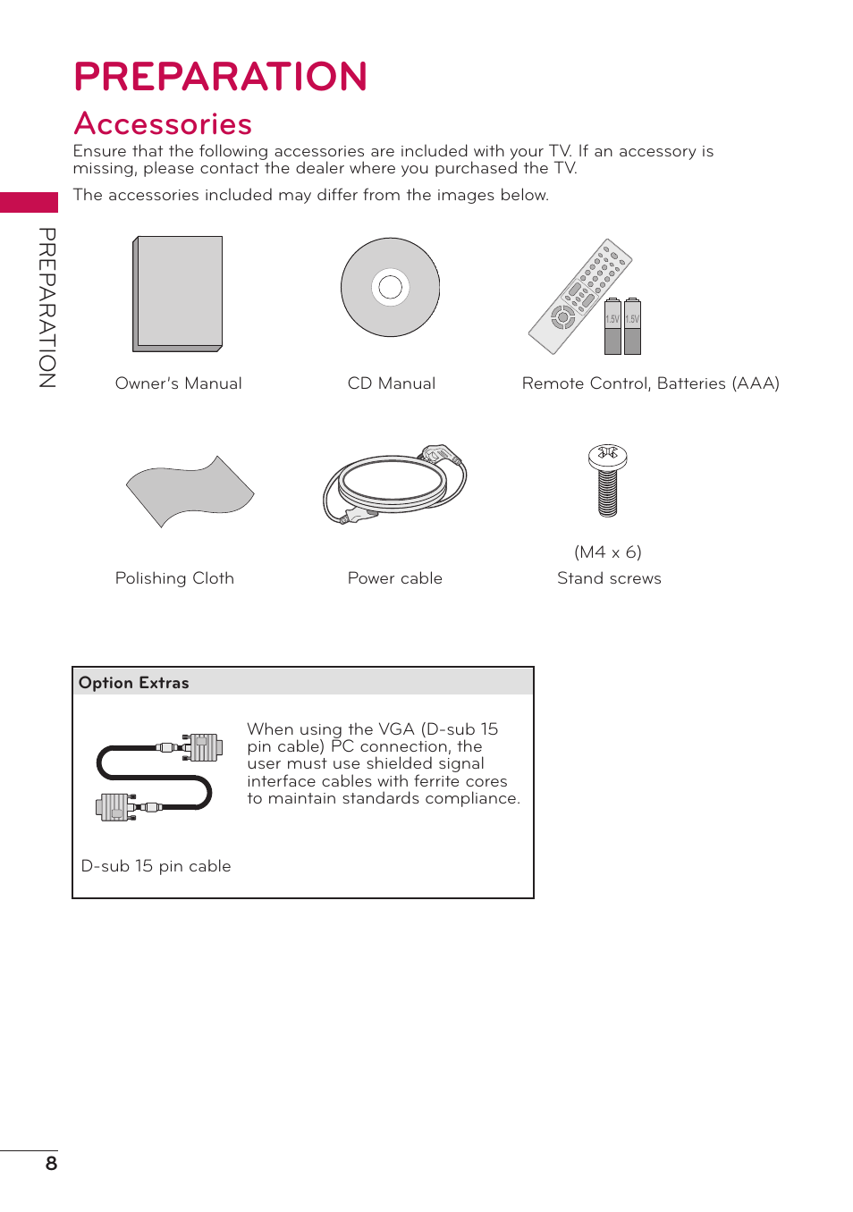 Preparation, Accessories, Prep ar a tion | LG 47LD500 User Manual | Page 8 / 64