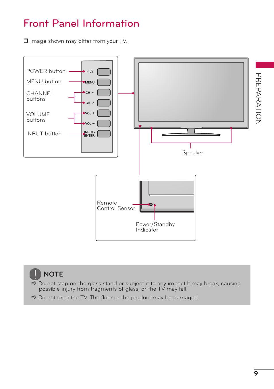 Front panel information, Prep ar a tion | LG 47LD500 User Manual | Page 9 / 64
