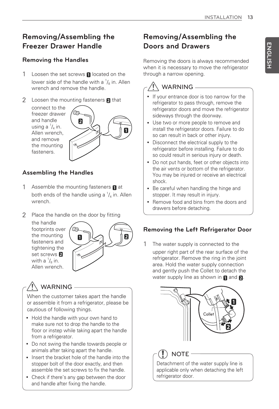 Removing/assembling the freezer drawer handle, Removing/assembling the doors and drawers, Removing the handles 1 | Assembling the handles 1, Removing the left refrigerator door 1, Warning | LG LFX31915ST User Manual | Page 13 / 59