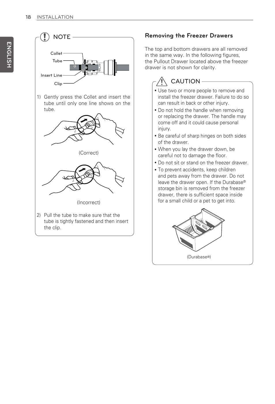 Caution, Removing the freezer drawers, English | LG LFX31915ST User Manual | Page 18 / 59