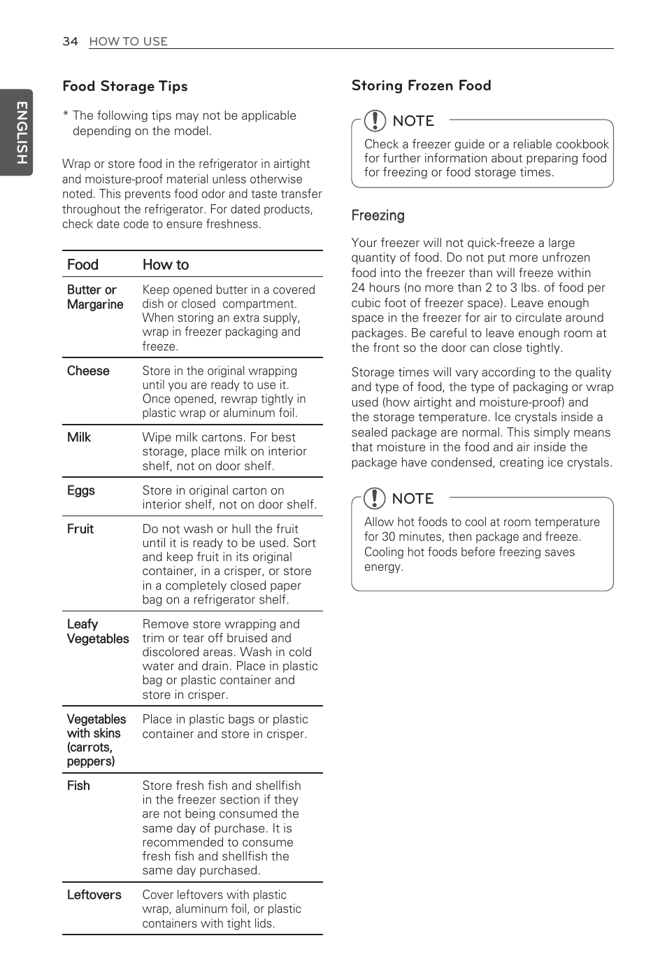 Food storage tips, Storing frozen food, English | LG LFX31915ST User Manual | Page 34 / 59