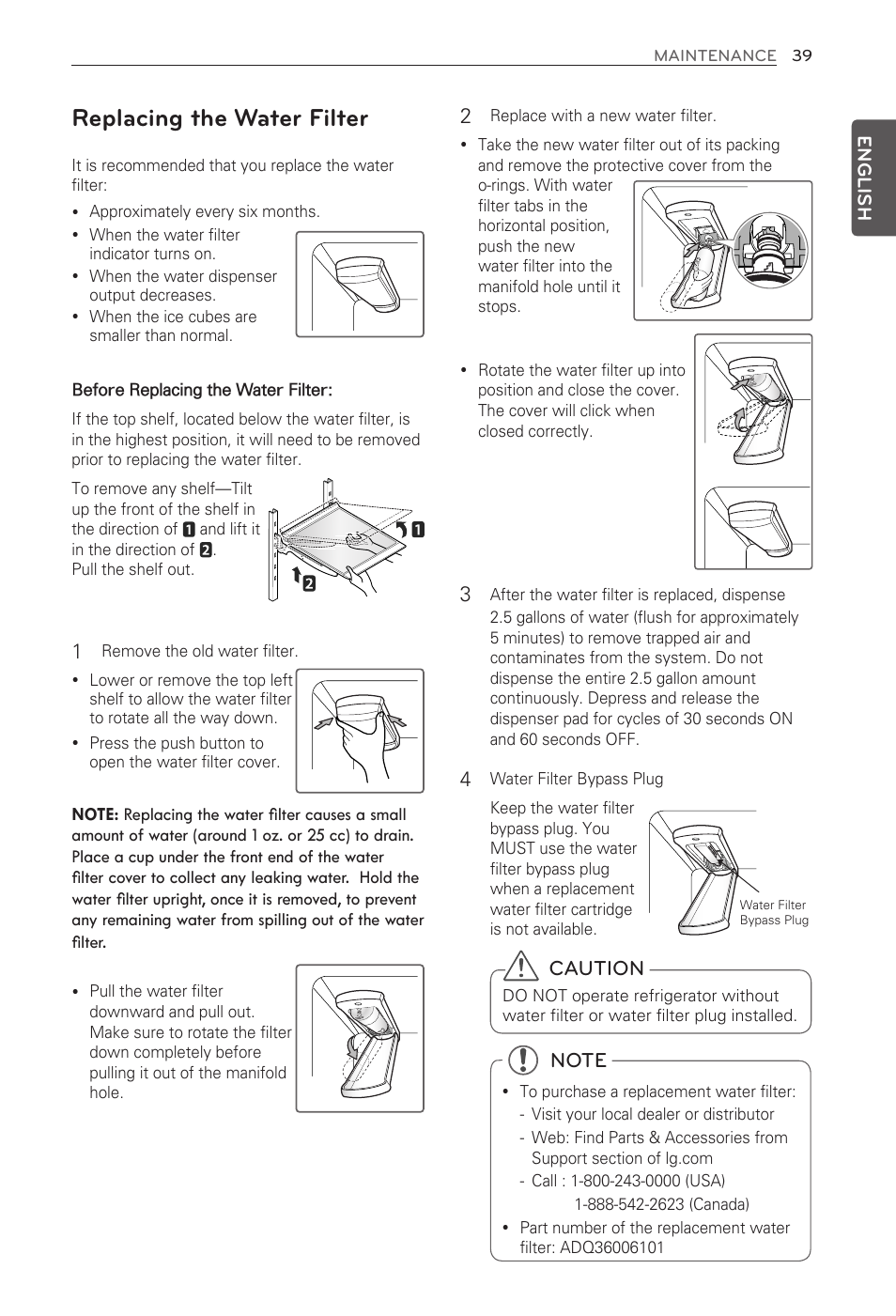 Replacing the water filter, Caution | LG LFX31915ST User Manual | Page 39 / 59