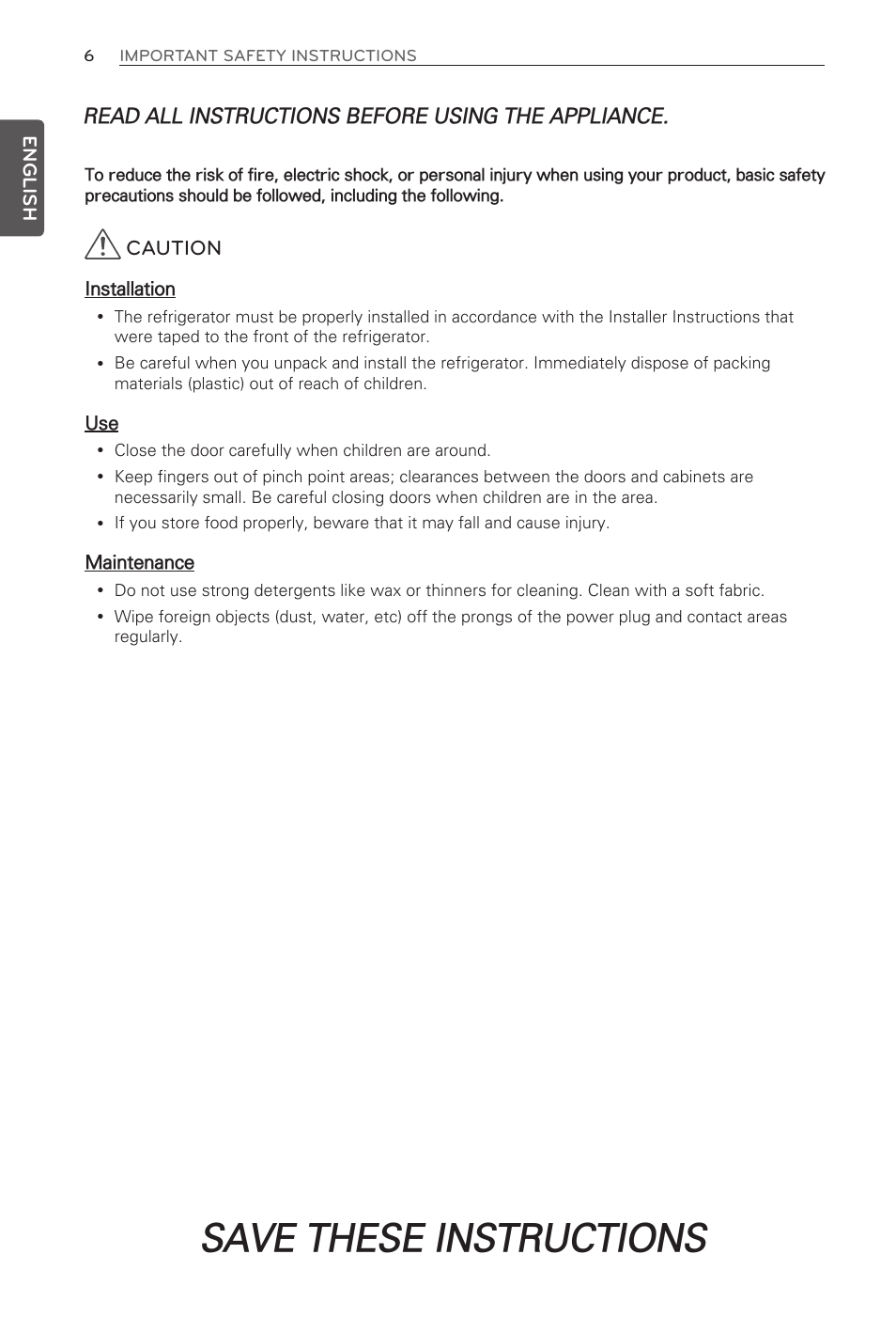 Save these instructions | LG LFX31915ST User Manual | Page 6 / 59
