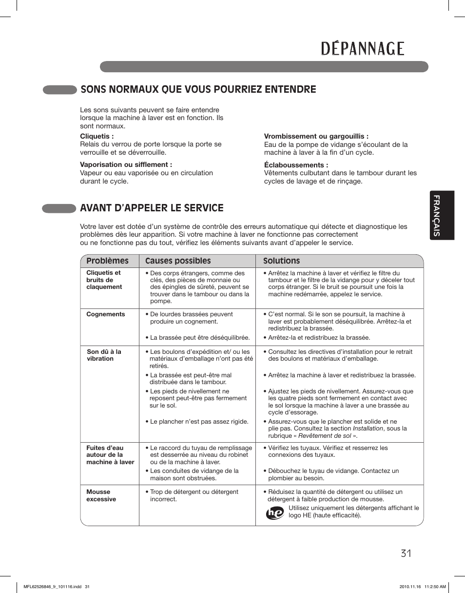 D é pa n n ag e, Sons normaux que vous pourriez entendre, Avant d’appeler le service | LG WM2350HSC User Manual | Page 103 / 108