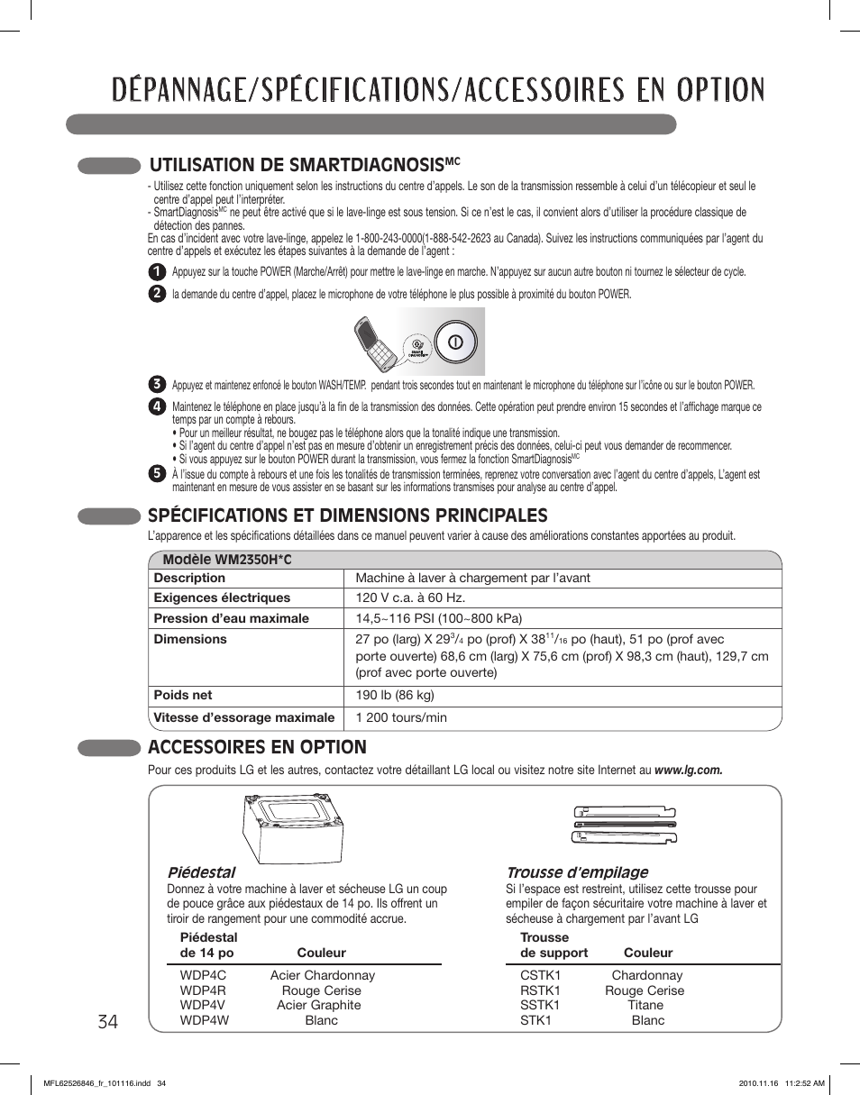 Dépannage/spécifications/accessoires en option, Accessoires en option, Spécifications et dimensions principales | Utilisation de smartdiagnosis | LG WM2350HSC User Manual | Page 106 / 108