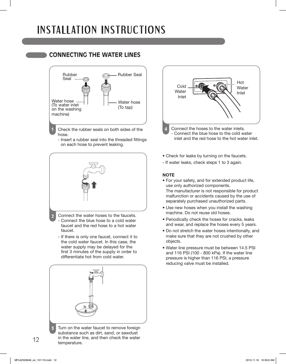 Connecting the water lines | LG WM2350HSC User Manual | Page 12 / 108