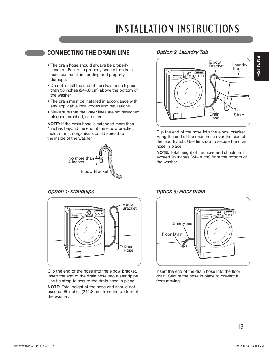 Connecting the drain line | LG WM2350HSC User Manual | Page 13 / 108