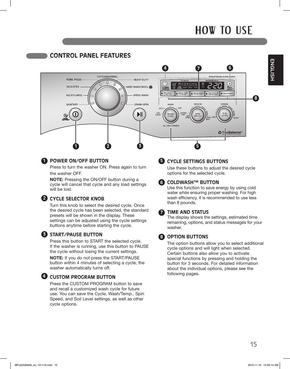 H o w to u s e, Control panel features | LG WM2350HSC User Manual | Page 15 / 108
