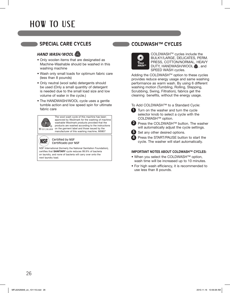 H o w to u s e, Coldwash™ cycles, Special care cycles 26 | LG WM2350HSC User Manual | Page 26 / 108