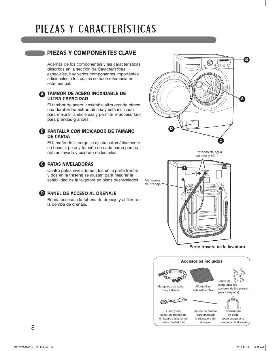 Piezas y componentes clave | LG WM2350HSC User Manual | Page 44 / 108