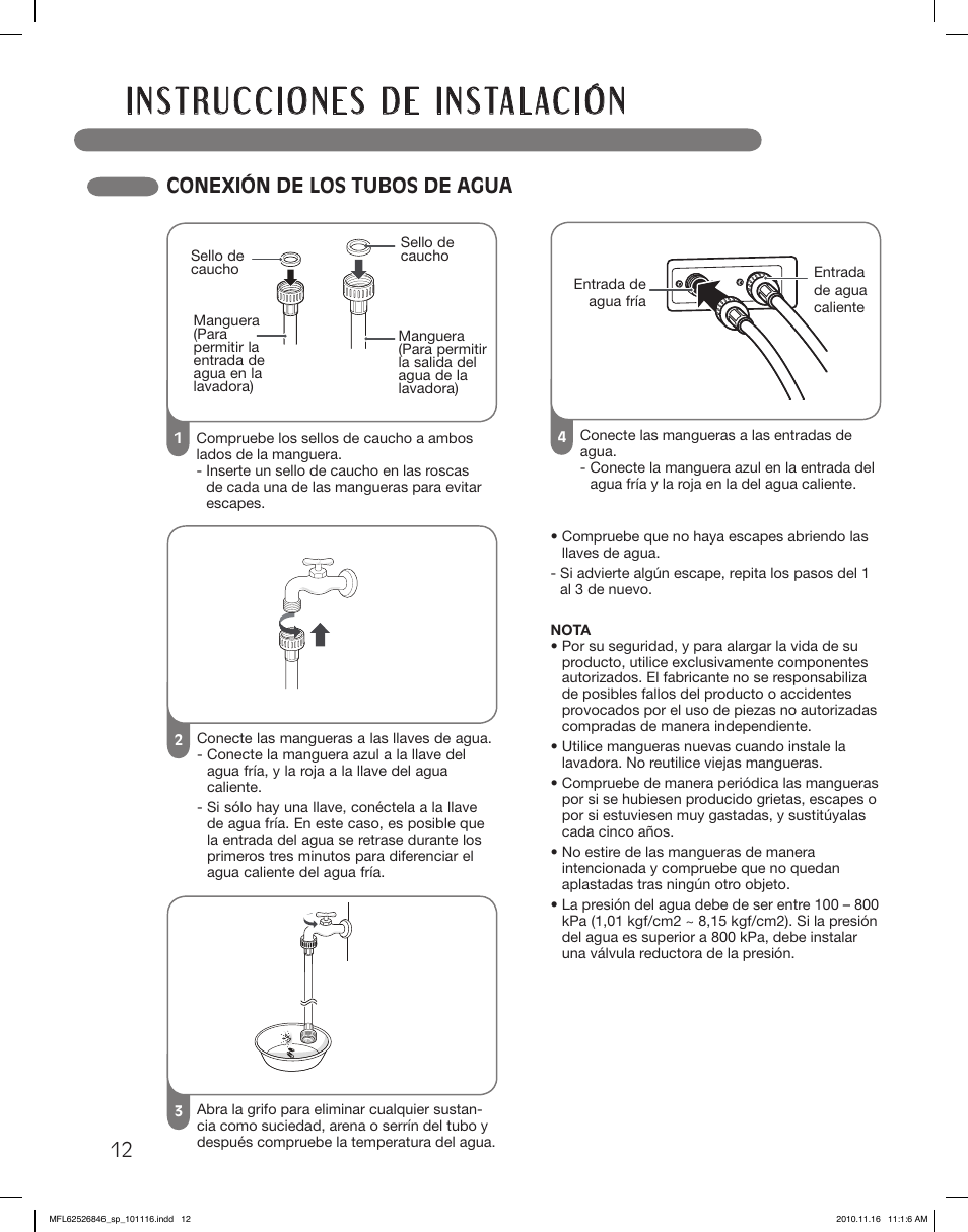Conexión de los tubos de agua | LG WM2350HSC User Manual | Page 48 / 108