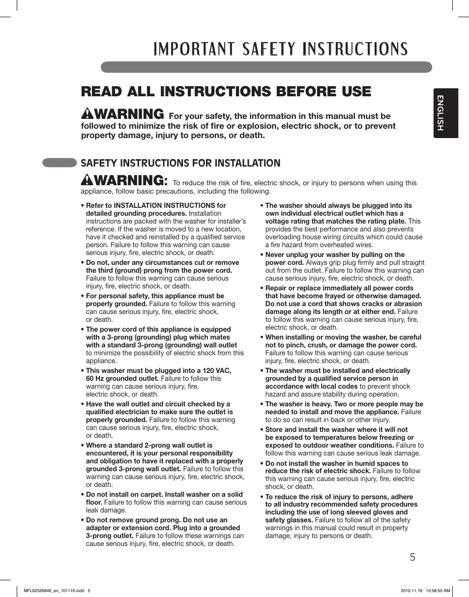 Wwarning, Read all instructions before use, Safety instructions for installation | LG WM2350HSC User Manual | Page 5 / 108