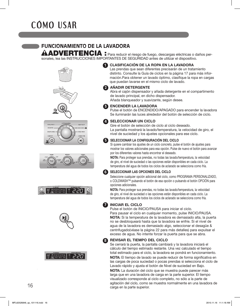 Wadvertencia, Funcionamiento de la lavadora | LG WM2350HSC User Manual | Page 52 / 108