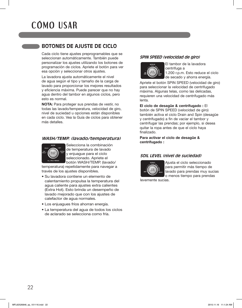Botones de ajuste de ciclo | LG WM2350HSC User Manual | Page 58 / 108