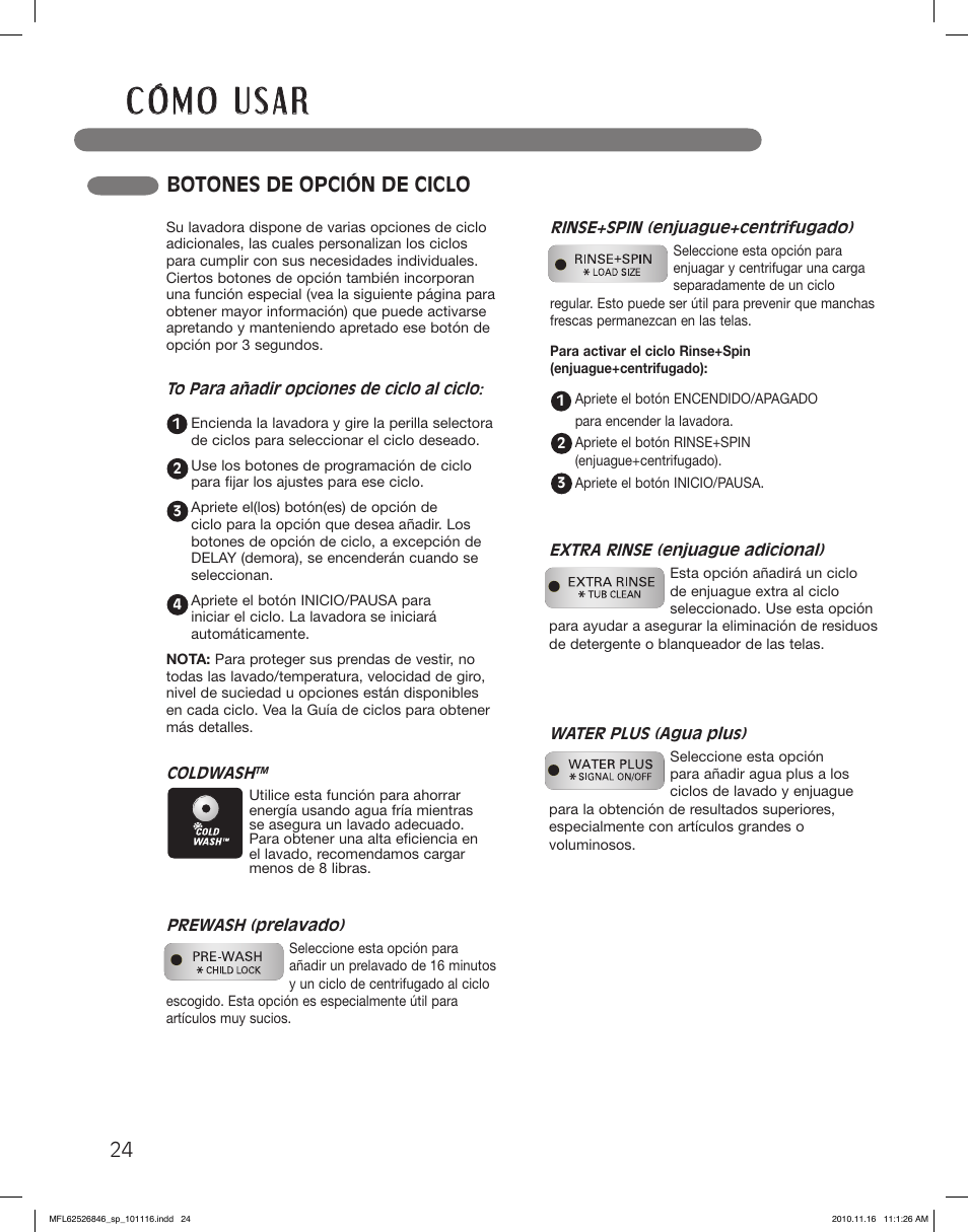 Botones de opción de ciclo | LG WM2350HSC User Manual | Page 60 / 108