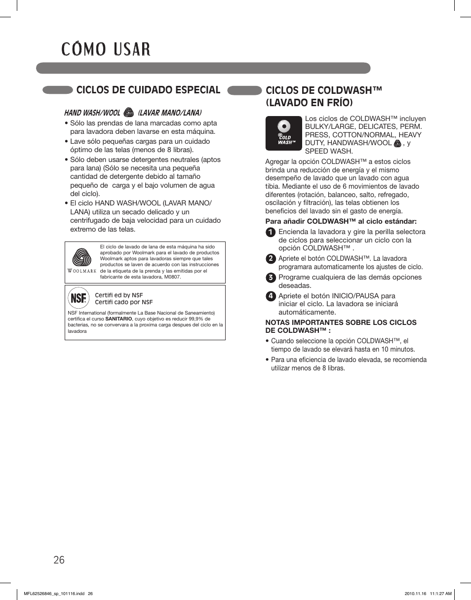 Ciclos de coldwash™ (lavado en frío), Ciclos de cuidado especial | LG WM2350HSC User Manual | Page 62 / 108