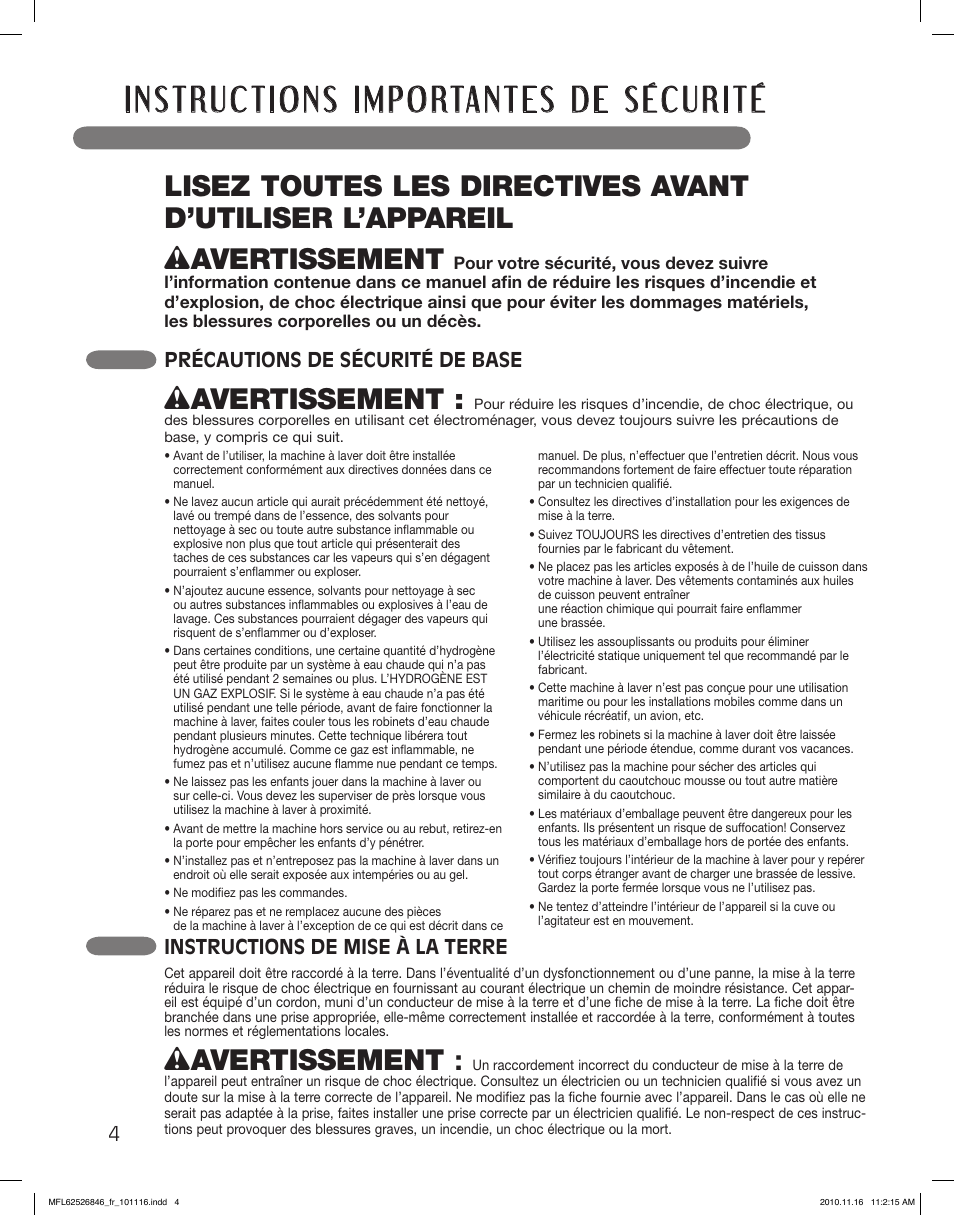Wavertissement, Instructions de mise à la terre, Précautions de sécurité de base | LG WM2350HSC User Manual | Page 76 / 108