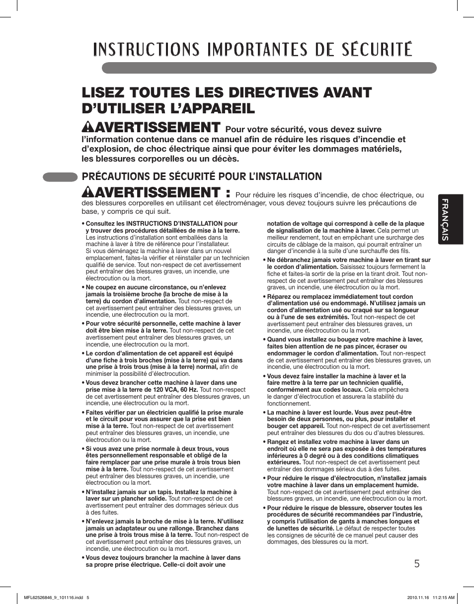Wavertissement, Précautions de sécurité pour l’installation | LG WM2350HSC User Manual | Page 77 / 108