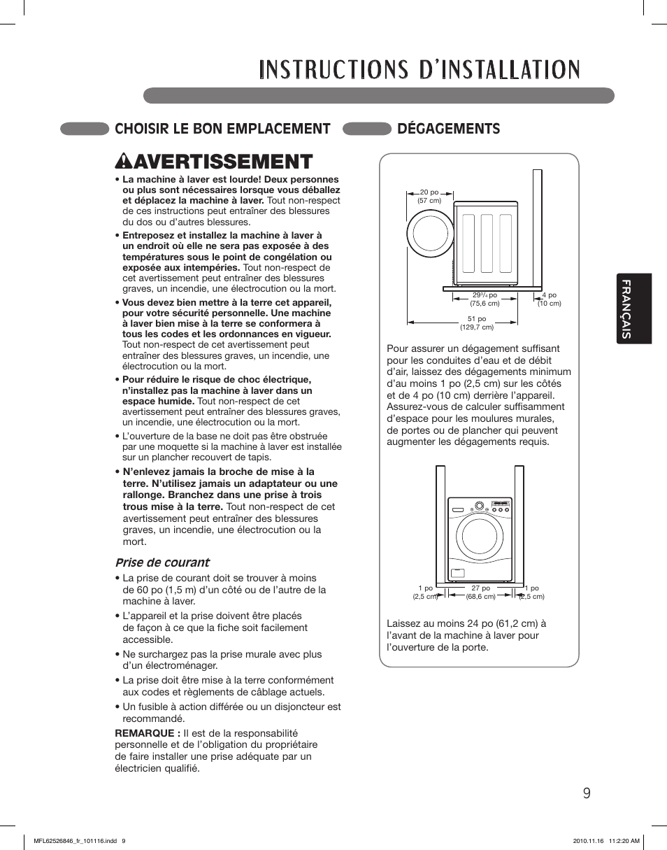 Wavertissement, Choisir le bon emplacement dégagements, Français | LG WM2350HSC User Manual | Page 81 / 108