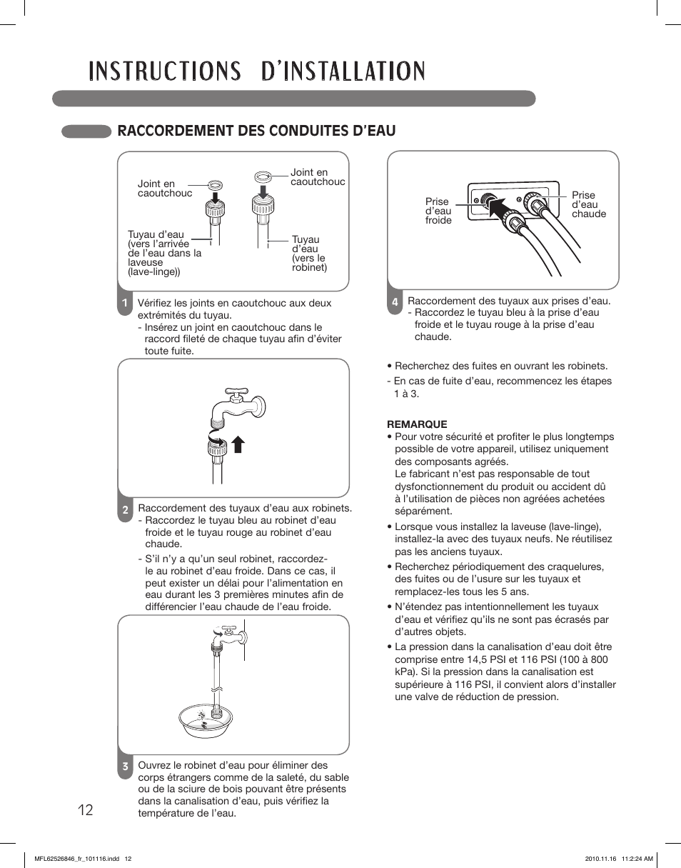 Raccordement des conduites d’eau | LG WM2350HSC User Manual | Page 84 / 108