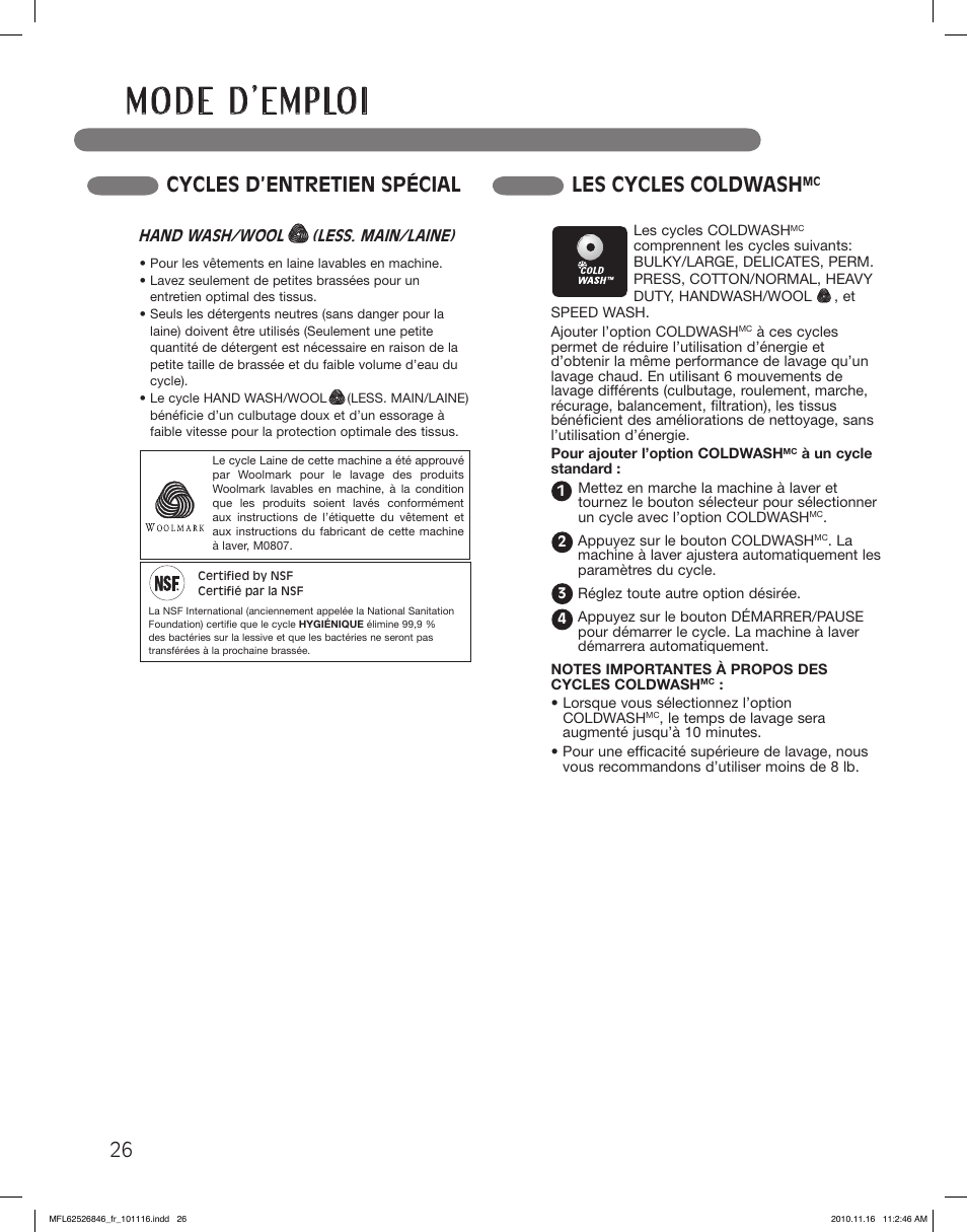 Les cycles coldwash, Cycles d’entretien spécial 26 | LG WM2350HSC User Manual | Page 98 / 108
