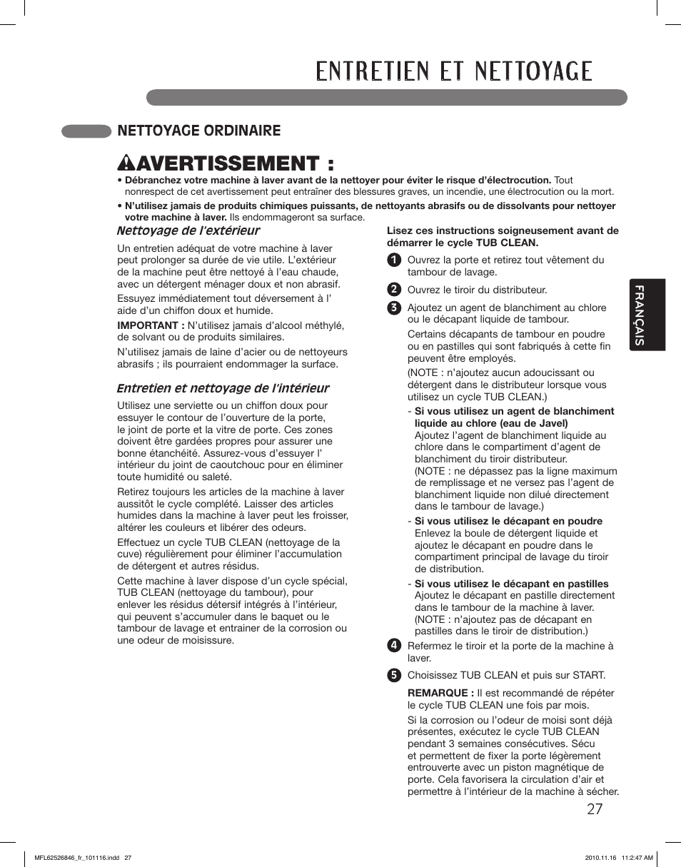 Wavertissement, Nettoyage ordinaire | LG WM2350HSC User Manual | Page 99 / 108